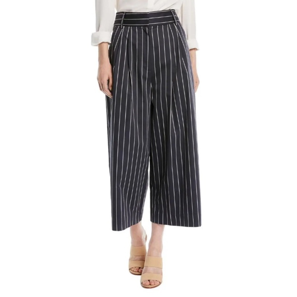 Tibi Bianca Cropped WIde Leg Striped Satin Pants Navy
